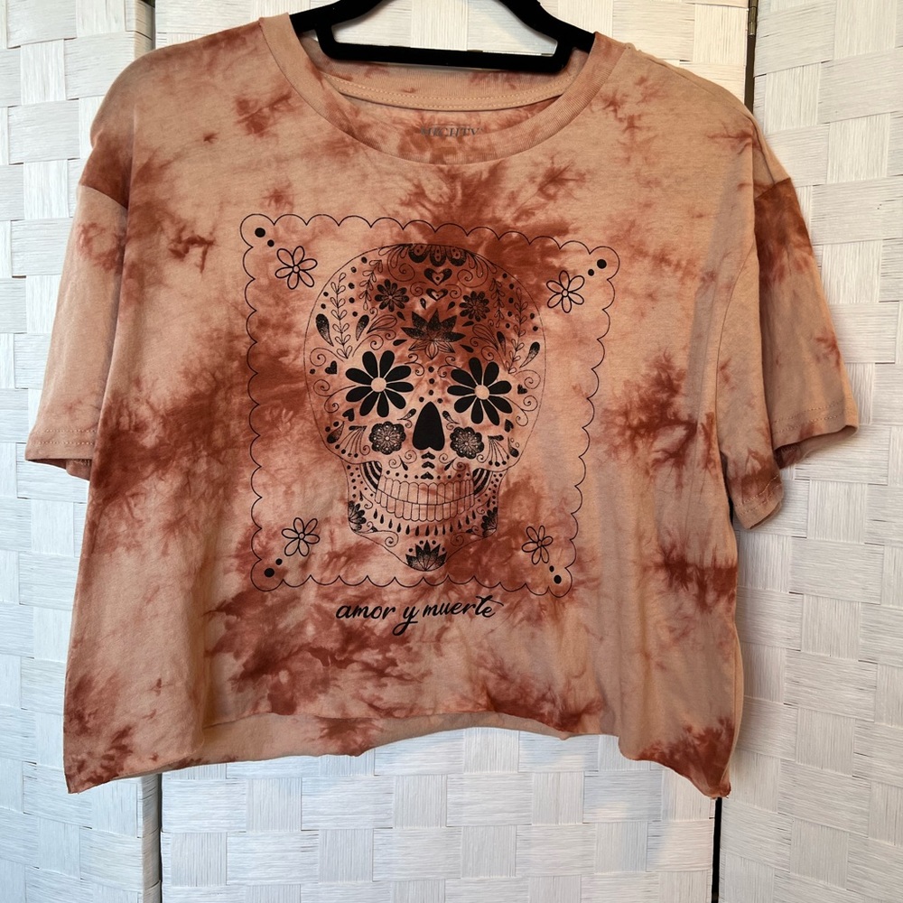 New Pink Tie-Dye Crop Top with Skull Design
